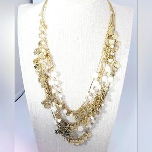 NWT-💛💗Sequin-Gold toned Multi Strand coined w Pink Quartz Statement Necklace